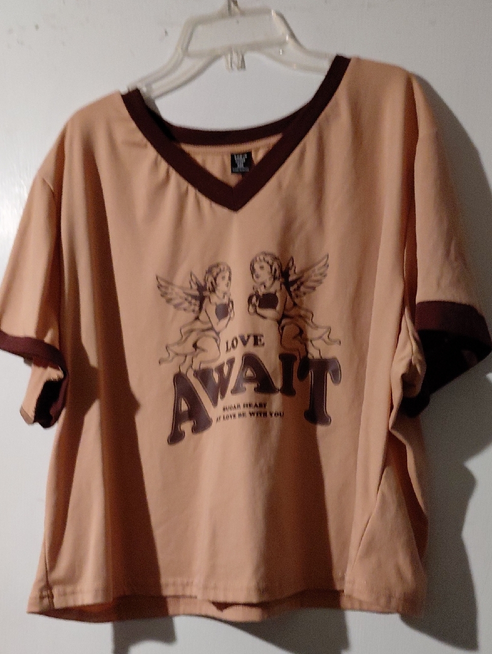 Love Await Graphic Ringer Tee - Peach/Brown -